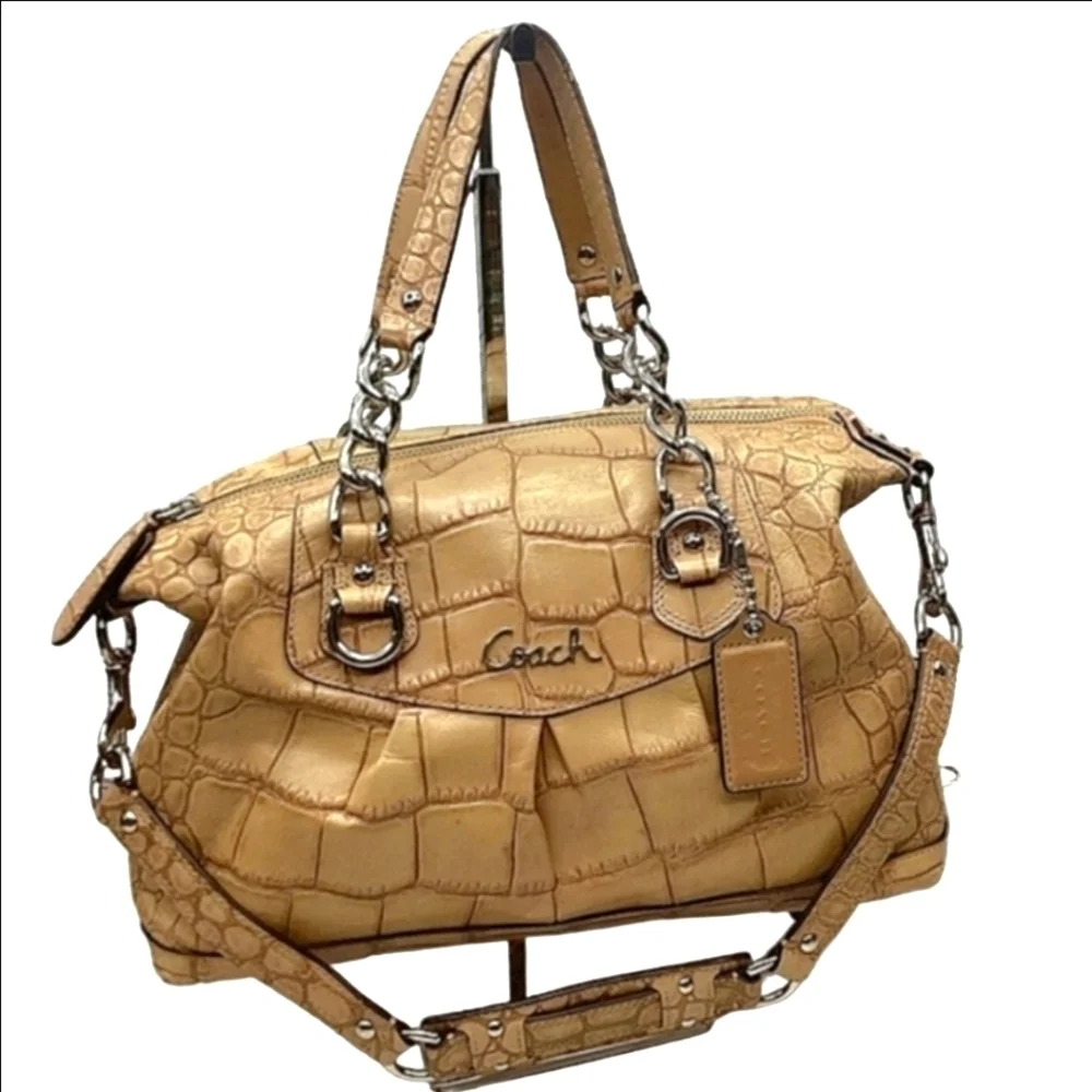 RARE COACH ASHLEY SATCHEL FAUX CROC TAN CAMEL HAND SHOULDER BAG FALL RETIRED GUC